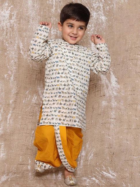 aj-dezines-kids-white-&-yellow-printed-full-sleeves-kurta-with-dhoti