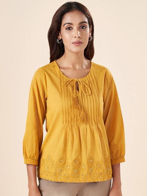 akkriti-by-pantaloons-mustard-cotton-embellished-tunic