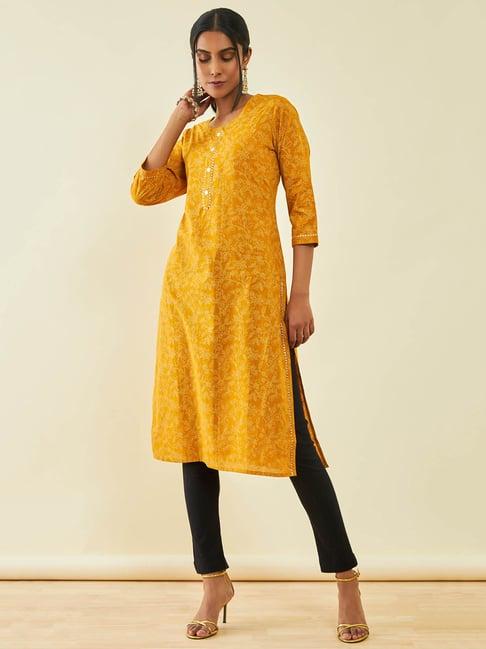 soch-mustard-cotton-floral-print-straight-kurta