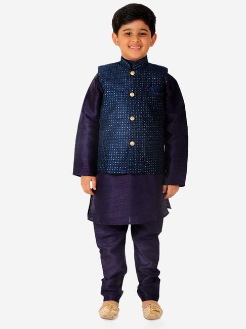 pro-ethic-style-developer-kids-navy-&-teal-printed-full-sleeves-kurta,-waistcoat-with-pyjamas