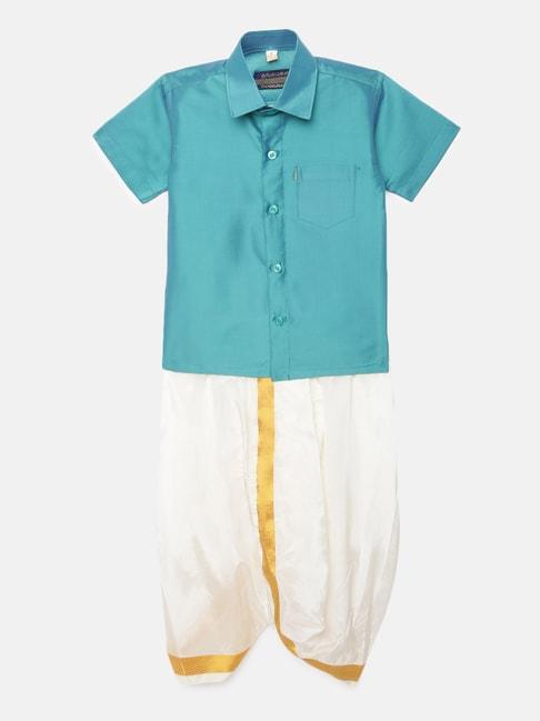 thangamagan-kids-turquoise-&-cream-solid-shirt-with-panjagajam