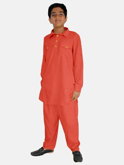kiddopanti-kids-peach-solid-full-sleeves-kurta-with-pyjamas