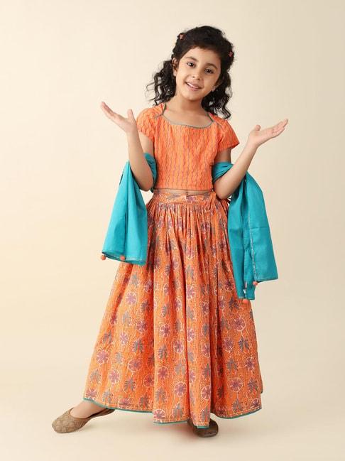 fabindia-kids-orange-&-turquoise-embroidered-lehenga,-choli-with-dupatta