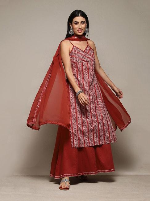 biba-red-cotton-printed-kurta-with-palazzo-&-dupatta
