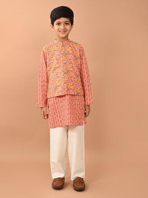 lilpicks-kids-peach-&-white-floral-print-full-sleeves-kurta,-jacket-with-pyjamas