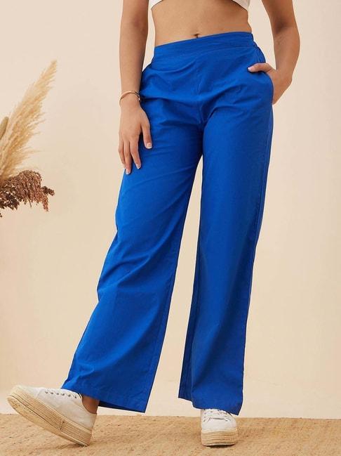 carlton-london-blue-cotton-flared-trousers