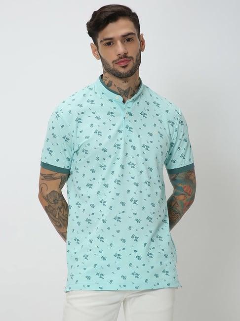 mufti-turquoise-slim-fit-printed-mandarin-collar-t-shirt