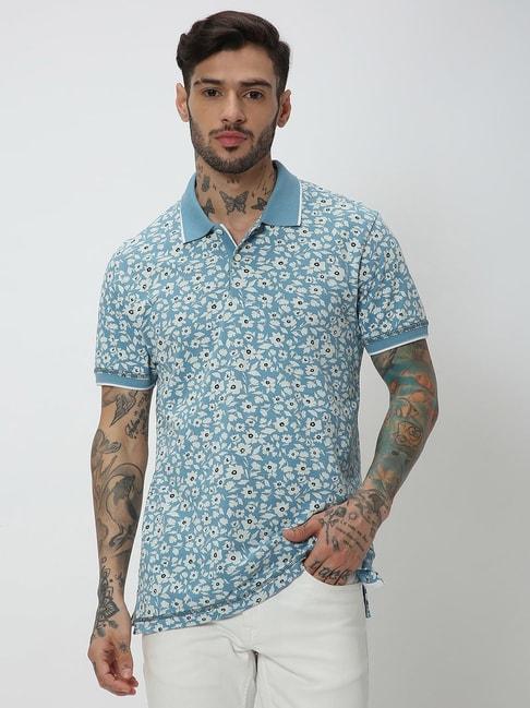 mufti-blue-slim-fit-floral-print-cotton-polo-t-shirt