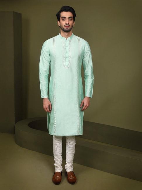kisah-green-&-white-pure-cotton-regular-fit-embroidered-kurta-bottom-set