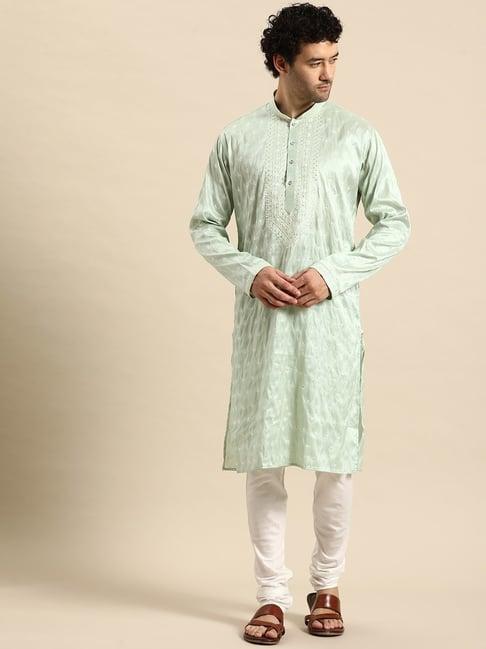 manq-green-&-white-regular-fit-embroidered-kurta-bottom-set