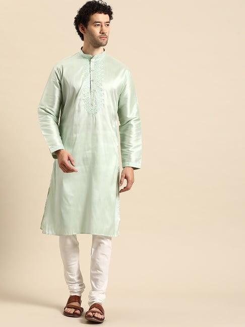 manq-green-&-white-regular-fit-embroidered-kurta-bottom-set