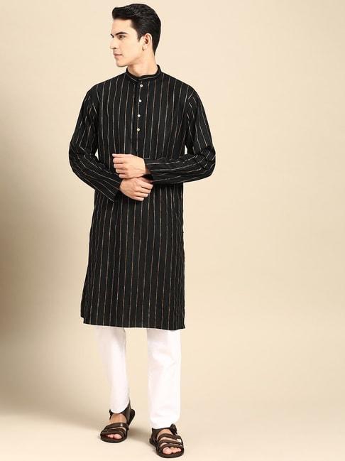 manq-black-&-white-pure-cotton-regular-fit-striped-kurta-bottom-set