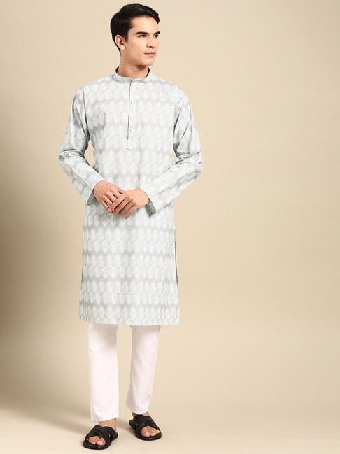 manq-grey-&-white-pure-cotton-regular-fit-printed-kurta-bottom-set