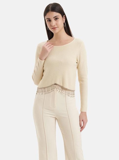 kazo-beige-embellished-crop-pullover
