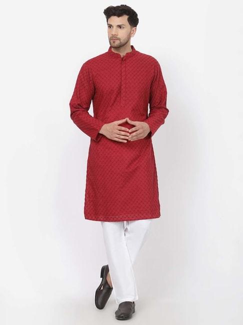 mohanlal-sons-maroon-&-white-regular-fit-embroidered-kurta-&-pyjamas-set