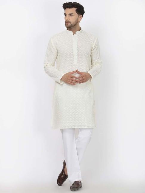 mohanlal-sons-lime-yellow-&-white-regular-fit-embroidered-kurta-&-pyjamas-set