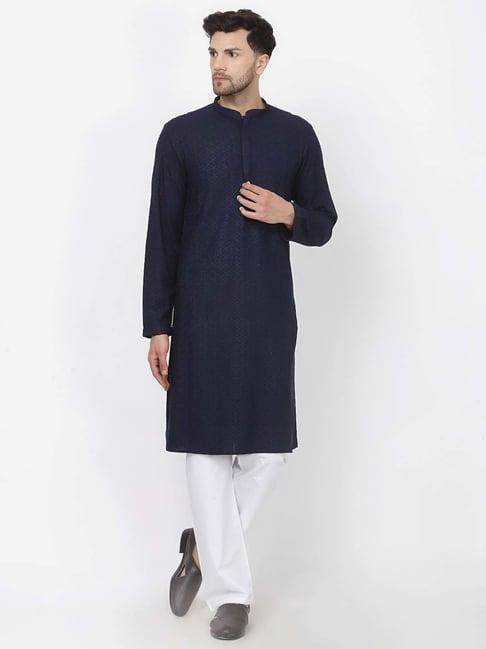 mohanlal-sons-navy-&-white-regular-fit-embroidered-kurta-&-pyjamas-set