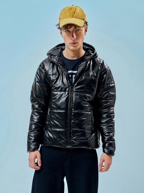 bewakoof-black-loose-fit-embroidered-oversized-hooded-jacket
