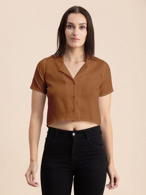 moomaya-brown-regular-fit-cropped-shirt