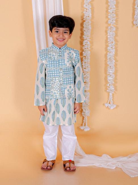 the-mom-store-kids-blue-&-white-floral-print-full-sleeves-kurta,-pyjamas-with-jacket