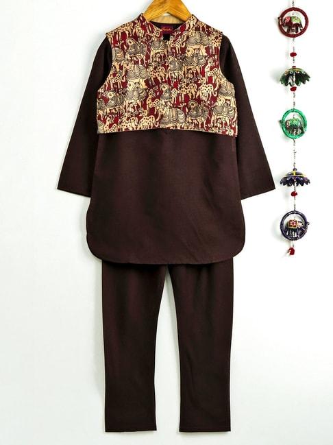 twisha-kids-dark-brown-printed-full-sleeves-kurta-,-pyjamas-with-jacket