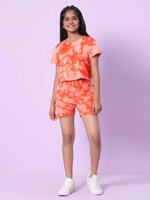 teentrums-kids-orange-cotton-over-dyed-t-shirt-set