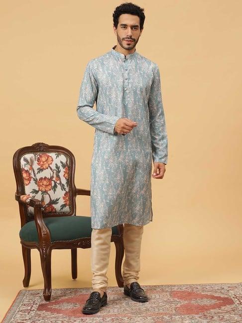 tabard-sky-blue-&-beige-regular-fit-embroidered-kurta-&-churidar-set