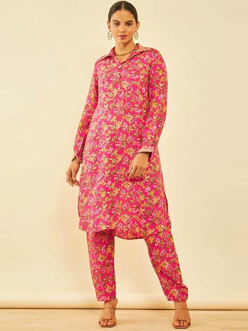soch-fuchsia-muslin-floral-print-zari-embroidered-co-ords-set