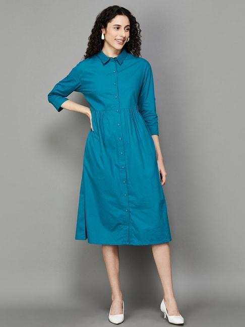 colour-me-by-melange-teal-blue-cotton-shirt-dress