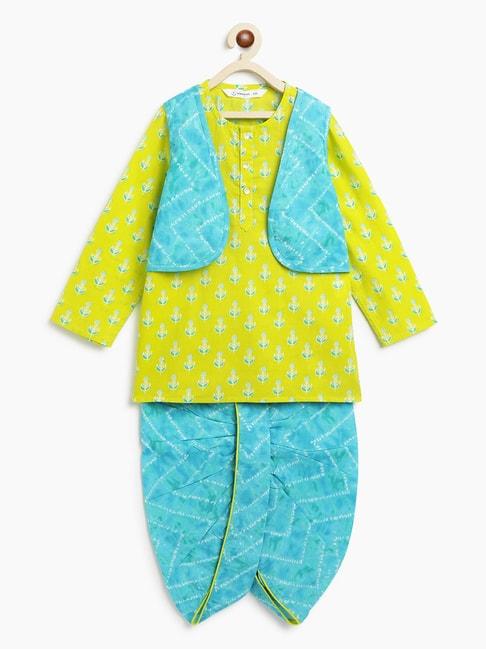 campana-kids-lime-green-&-turquoise-floral-print-full-sleeves-kurta,-dhoti-with-jacket