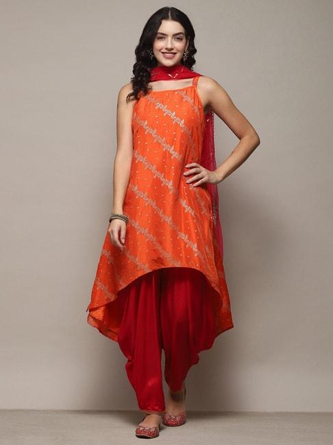 biba-orange-&-red-woven-pattern-kurti-dhoti-pant-set-with-dupatta