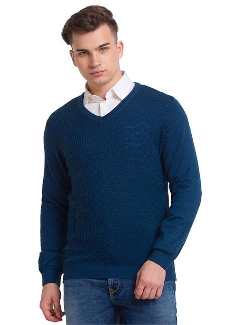 colorplus-blue-tailored-fit-self-design-sweater