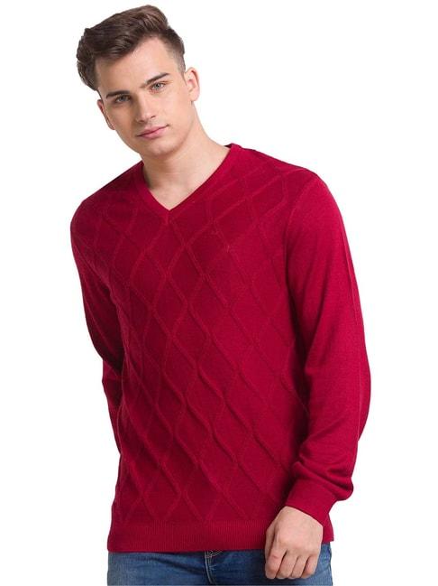 colorplus-red-tailored-fit-self-design-sweater