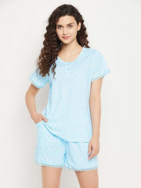 clovia-blue-floral-print-top-shorts-set
