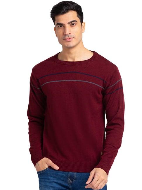 raymond-maroon-regular-fit-striped-sweater