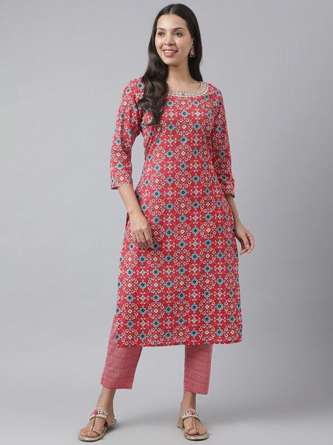 kiana-red-cotton-printed-kurta-pant-set