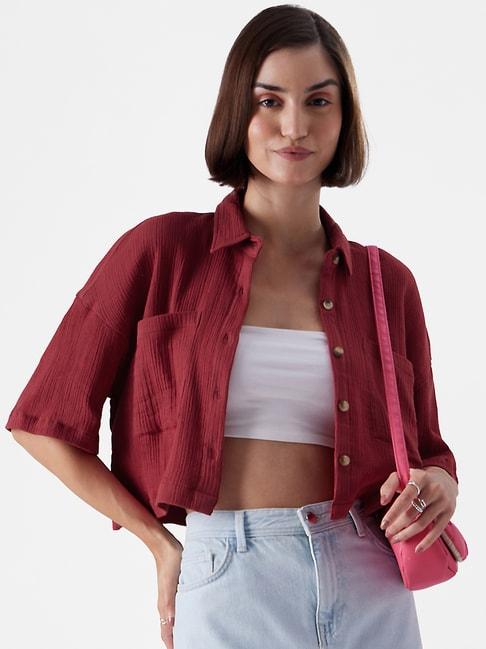 the-souled-store-maroon-striped-crop-shirt