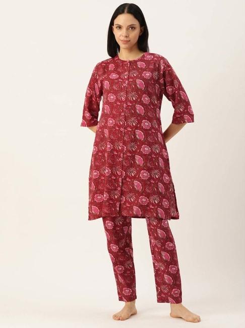 clt.s-red-cotton-floral-print-kurta-pyjama-set