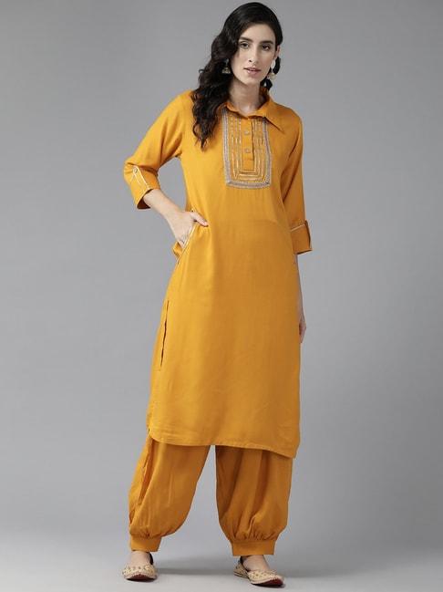 aarika-yellow-embroidered-kurta-salwaar-set-with-potli