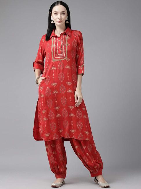 aarika-red-printed-kurta-salwaar-set-with-potli