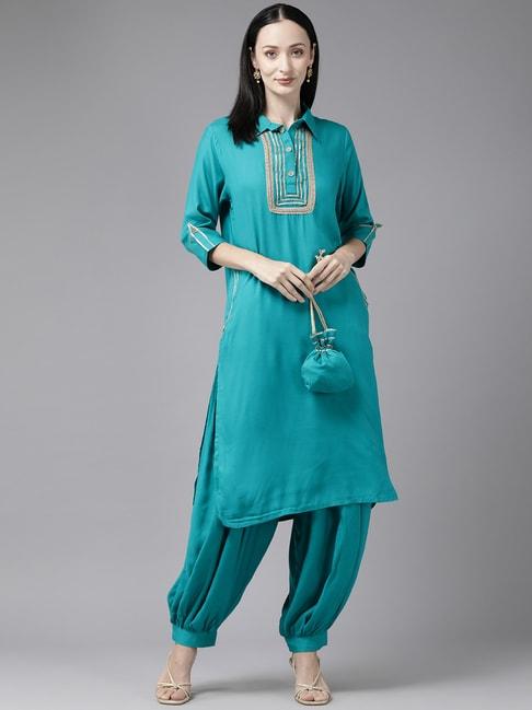 aarika-turquoise-embroidered-kurta-salwaar-set-with-potli