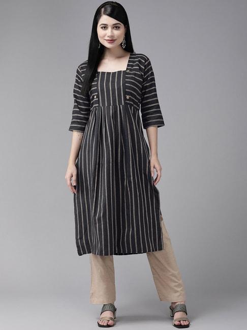 aarika-black-&-beige-cotton-striped-kurta-pant-set