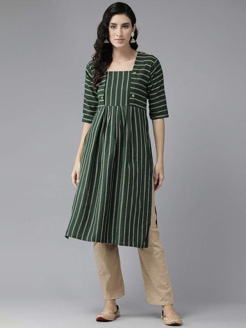 aarika-green-&-beige-cotton-striped-kurta-pant-set