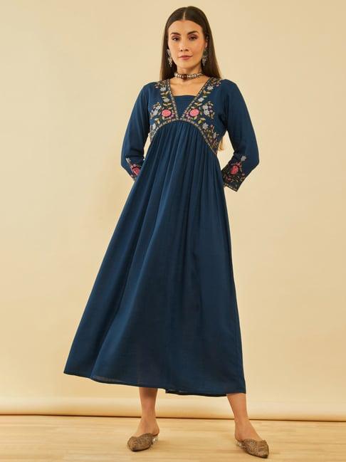 soch-blue-rayon-slub-floral-embroidered-empire-ethnic-dress
