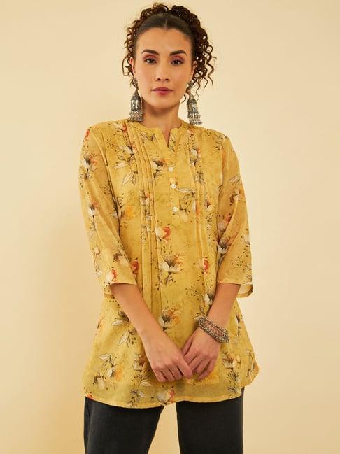 soch-mustard-georgette-floral-printed-mandarin-collar-a-line-tunic