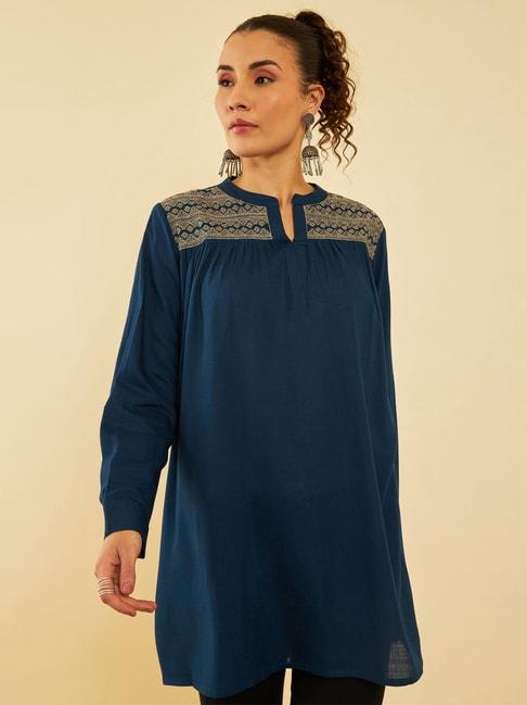 soch-blue-rayon-slub-yoke-embroidery-a-line-tunic-with-gathers