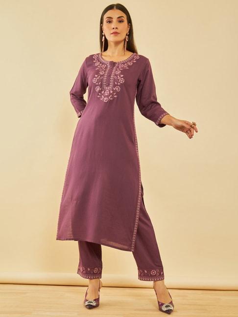 soch-purple-rayon-slub-embroidery-yoke-design-kurta-set-with-sequins