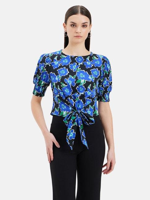 kazo-blue-&-black-floral-print-top