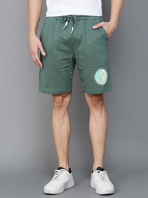 smileyworld-olive-cotton-regular-fit-printed-shorts