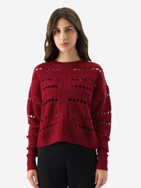 the-souled-store-red-self-design-oversized-sweater